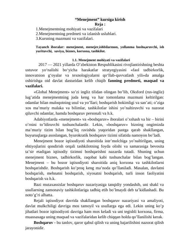“Menejment” kursiga kirish