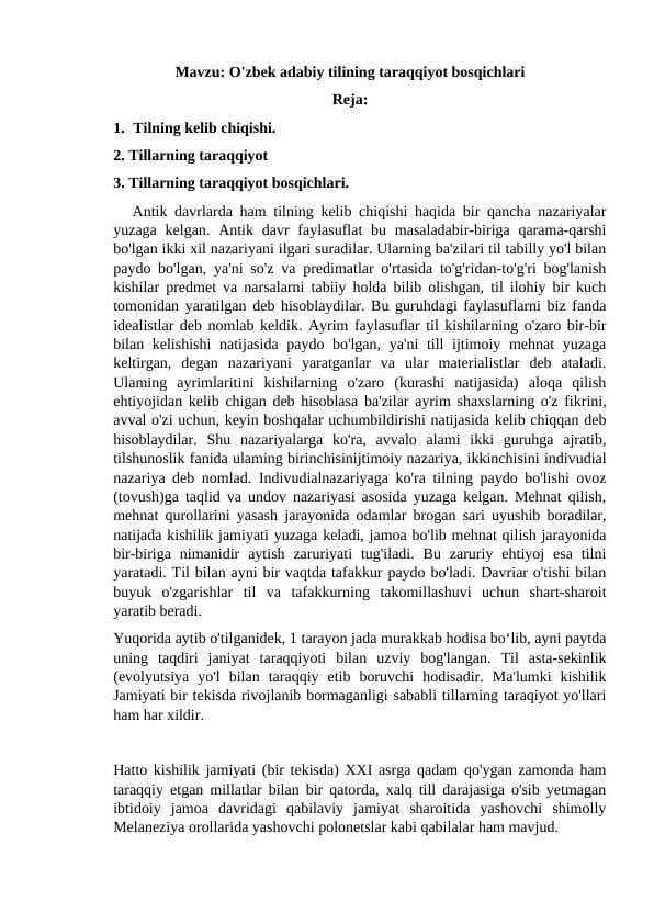 O'zbek adabiy tilining taraqqiyot bosqichlari