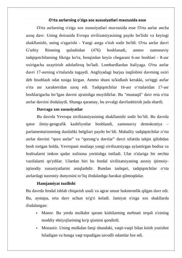 O'rta asrlarning o'ziga xos xususiyatlari mavzusida esse