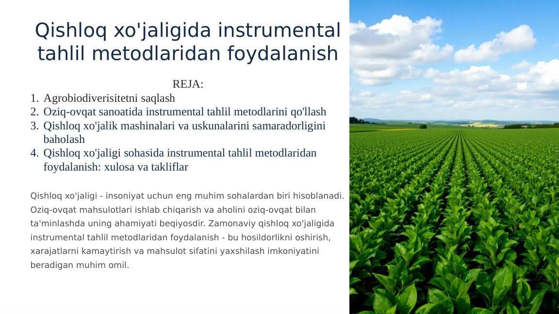 Qishloq xo'jaligida instrumental tahlil metodlaridan foydalanish