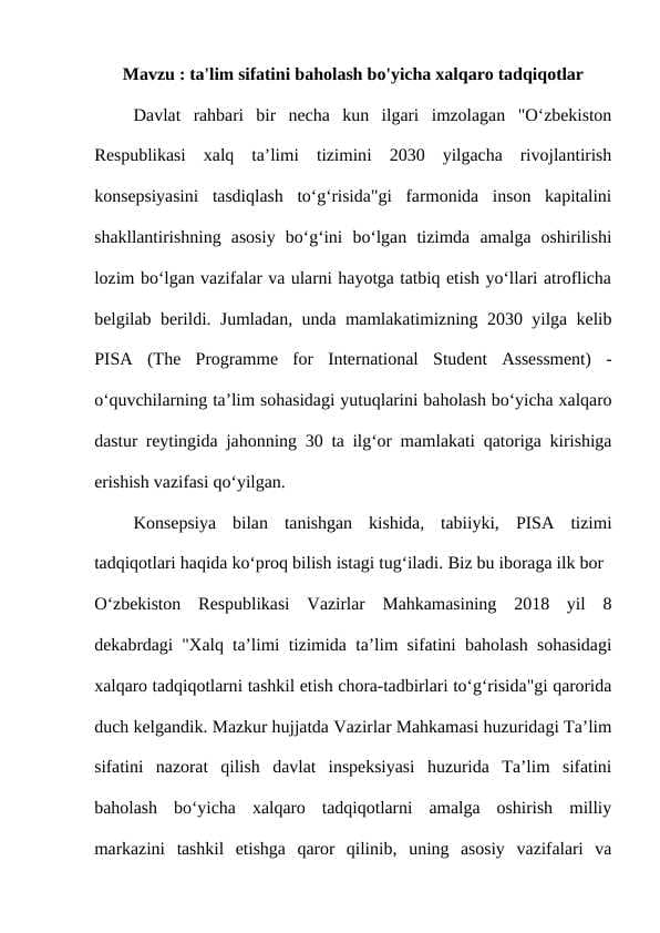 ta'lim sifatini baholash bo'yicha xalqaro tadqiqotlar