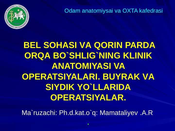 BEL SOHASI VА QORIN PARDA ORQA BO`SHLIG`NING KLINIK ANATOMIYASI VA OPERATSIYALARI. BUYRAK VА SIYDIK YO`LLARIDA OPERATSIYALAR.