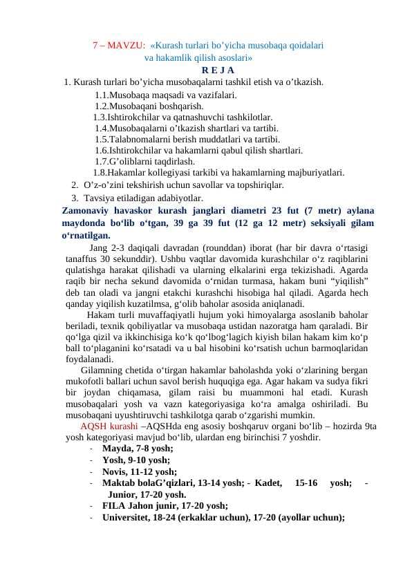 Kurash turlari bo’yicha musobaqa qoidalari va hakamlik qilish asoslari