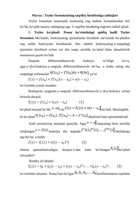 Teylor formulasining taqribiy hisoblashga tatbiqlari