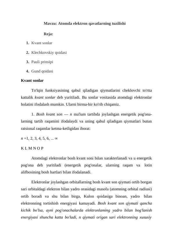 Atomda elektron qavatlarning tuzilishi