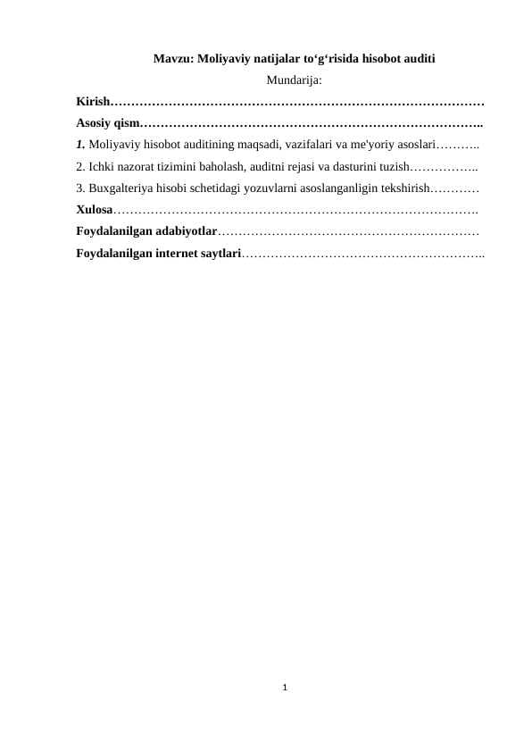 Moliyaviy natijalar toʻgʻrisida hisobot auditi kurs ishi