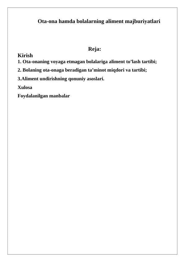Ota-ona hamda bolalarning aliment majburiyatlari