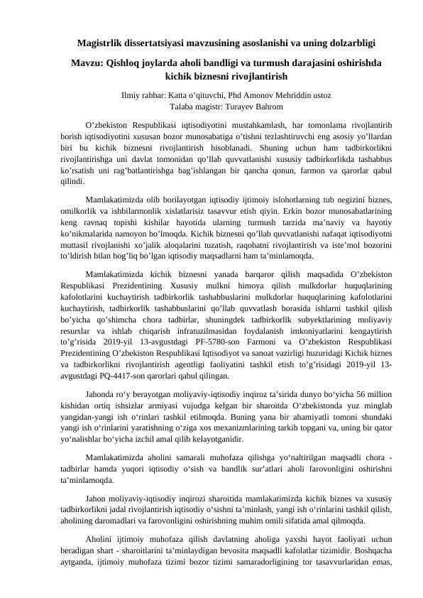Magistrlik dissertatsiyasi mavzusining asoslanishi va uning dolzarbligi