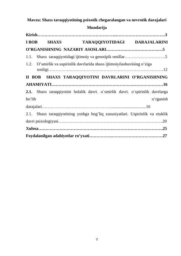 Shaxs taraqqiyotining psixotik chegaralangan va nevrotik darajalari
