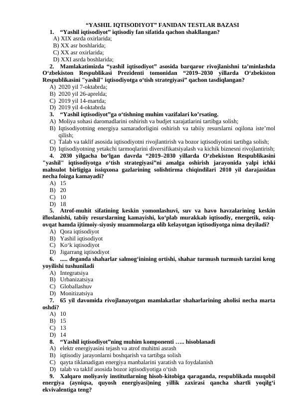 “YASHIL IQTISODIYOT” FANIDAN TESTLAR BAZASI