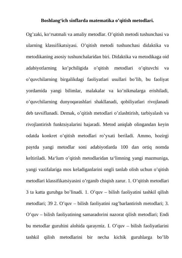Boshlang‘ich sinflarda matematika o’qitish metodlari.