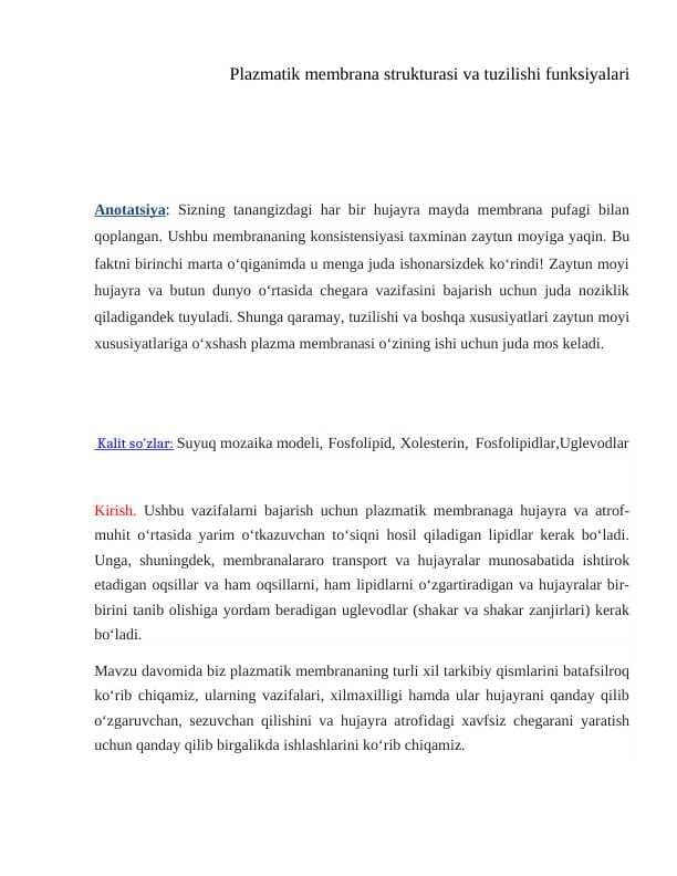 Plazmatik membrana strukturasi va tuzilishi funksiyalari