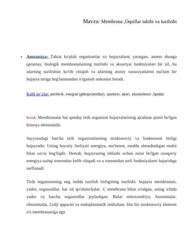 Membrana ,Oqsillar takibi va tuzilishi