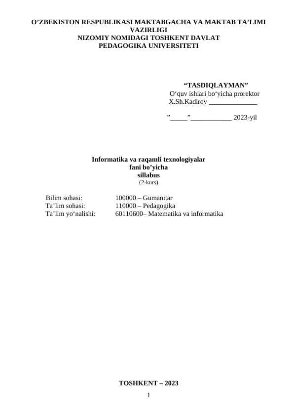 Informatika va raqamli texnologiyalar  fani bo’yicha  sillabus