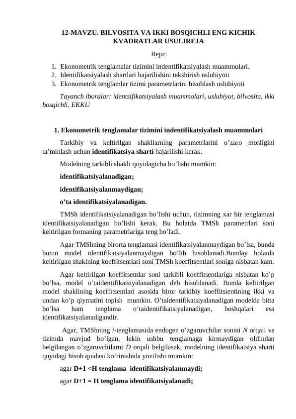 BILVOSITA VA IKKI BOSQICHLI ENG KICHIK KVADRATLAR USULIREJA
