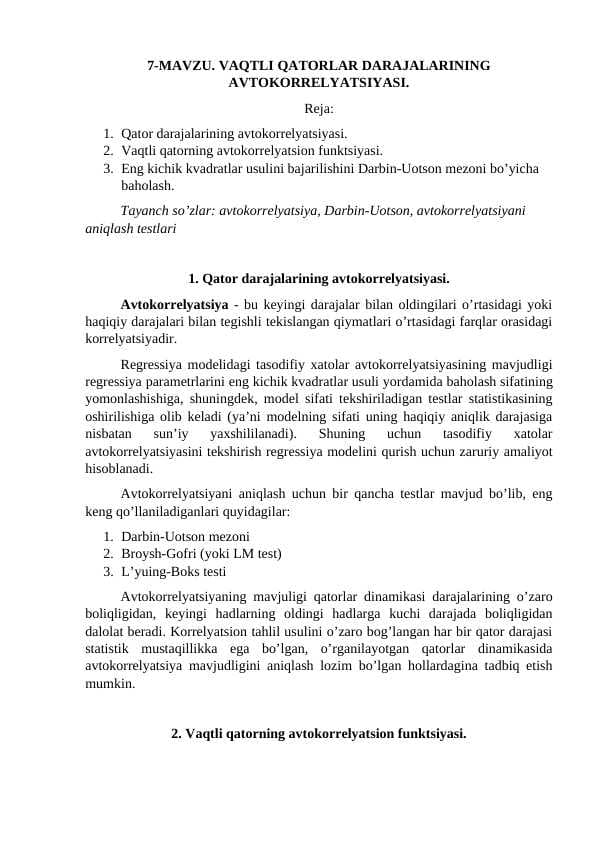 VAQTLI QATORLAR DARAJALARINING AVTOKORRELYATSIYASI