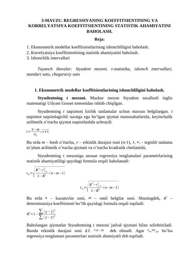 REGRESSIYANING KOEFFITSIENTINING VA KORRELYATSIYA KOEFFITSIENTINING STATISTIK AHAMIYATINI BAHOLASH