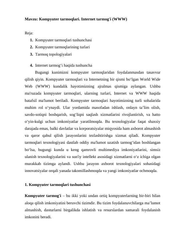 Kompyuter tarmoqlari va Internet (WWW)