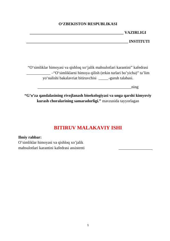 G’o’za qandalasining rivojlanash bioekologiyasi va unga qarshi kimyoviy kurash choralarining samaradorligi
