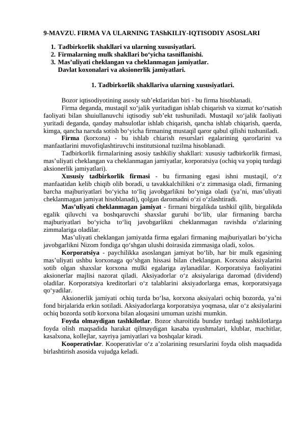 FIRMA VA ULARNING TAShKILIY-IQTISODIY ASOSLARI
