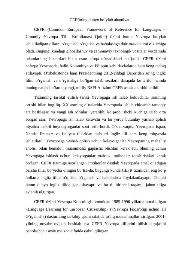 CEFRning dunyo bo’ylab ahamiyati