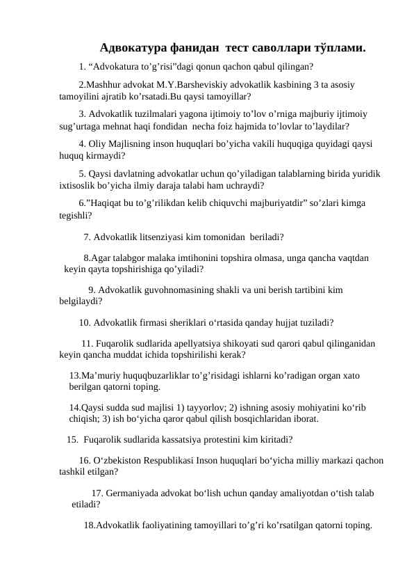 Адвокатура фанидан  тест саволлари тўплами