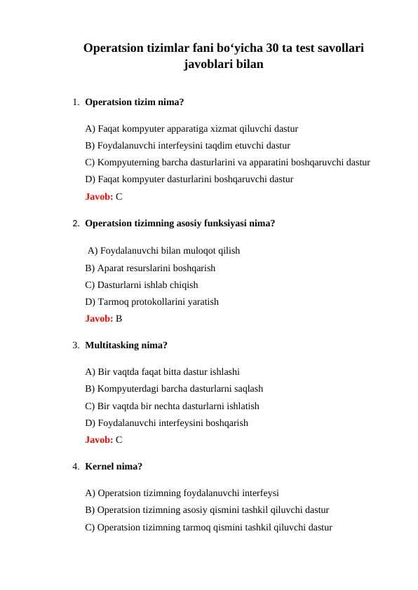 Operatsion tizimlar fani boʻyicha 30 ta test savollari  javoblari bilan