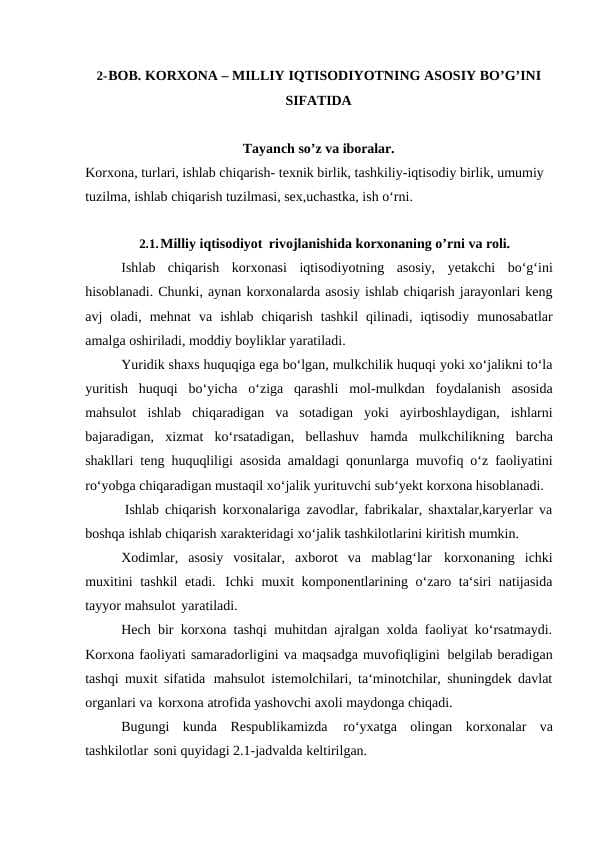 KORXONA – MILLIY IQTISODIYOTNING ASOSIY BO’G’INI SIFATIDA