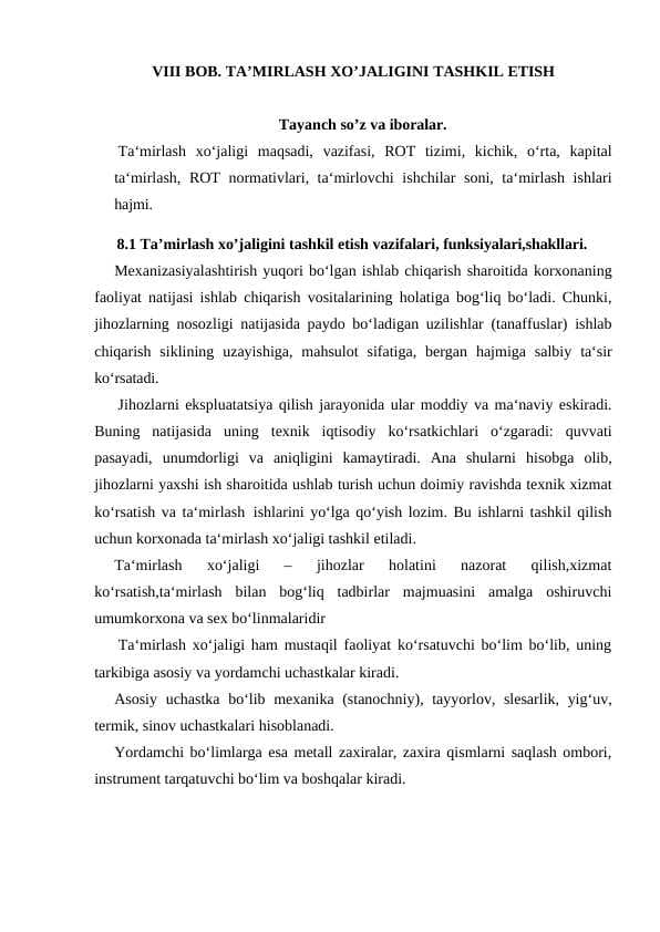 TA’MIRLASH XO’JALIGINI TASHKIL ETISH