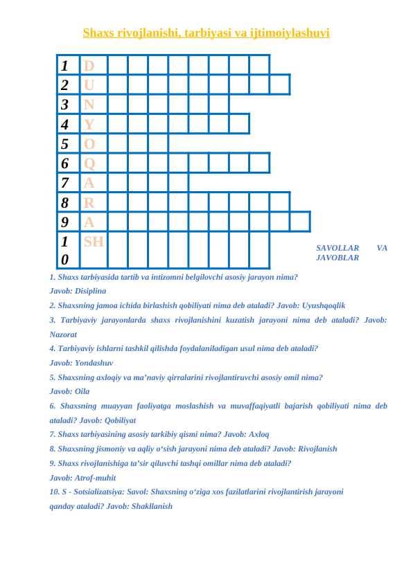 Shaxs rivojlanishi, tarbiyasi va ijtimoiylashuvi