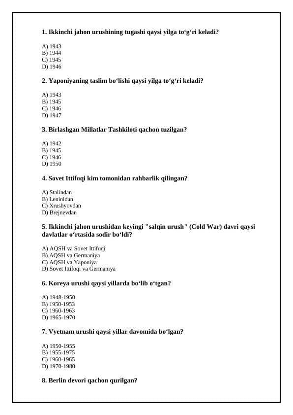 Jahon tarixidan testlar