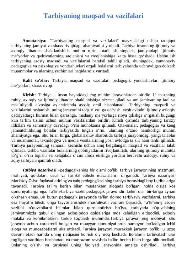 Tarbiyaning maqsad va vazifalari