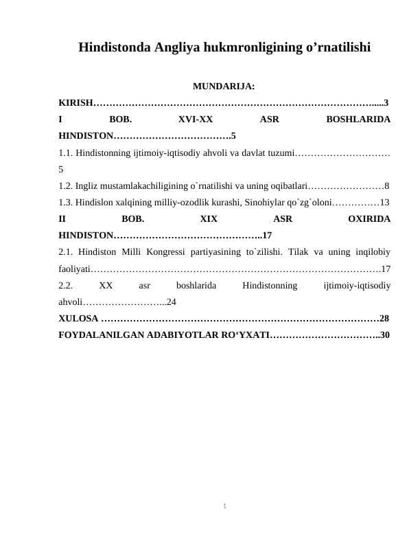 Hindistonda Angliya hukmronligining o’rnatilishi