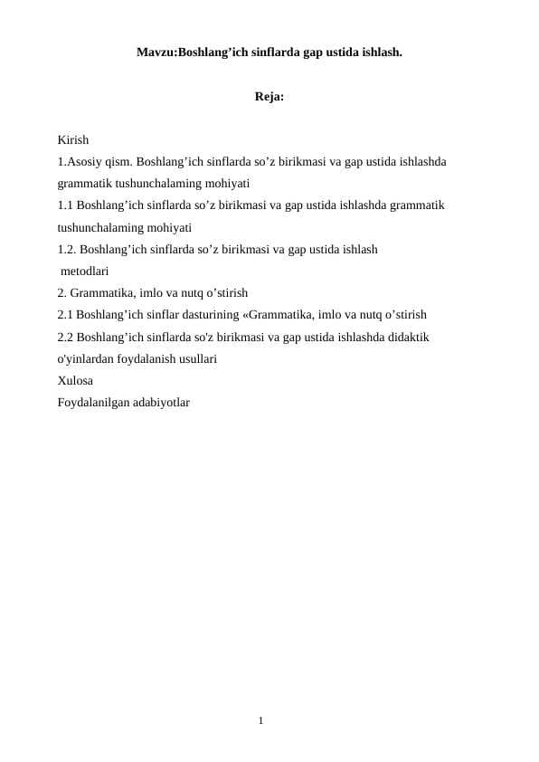 Boshlang’ich sinflarda gap ustida ishlash