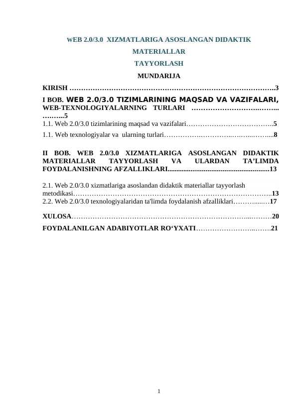 WEB 2.0/3.0  XIZMATLARIGA ASOSLANGAN DIDAKTIK MATERIALLAR