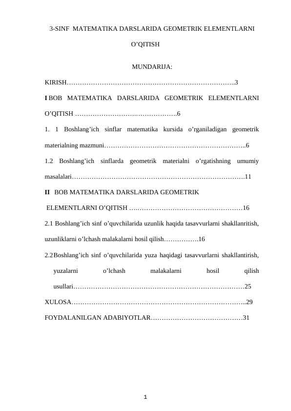 3-SINF  MATEMATIKA DARSLARIDA GEOMETRIK ELEMENTLARNI  O’QITISH