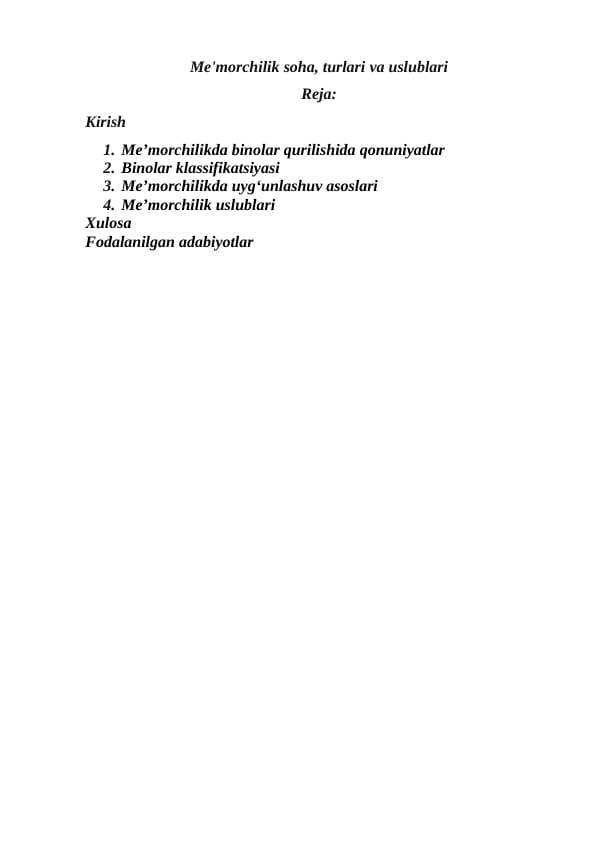 Me'morchilik soha, turlari va uslublari