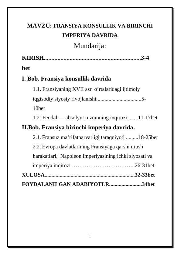 FRANSIYA KONSULLIK VA BIRINCHI IMPERIYA DAVRIDA