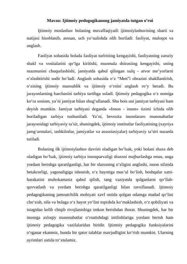 Ijtimoiy pedogogikanong jamiyatda tutgan o’rni konspekt