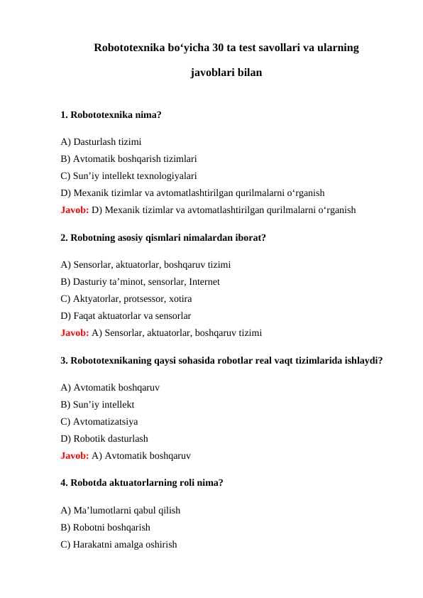 Robototexnika boʻyicha 30 ta test savollari va ularning  javoblari bilan