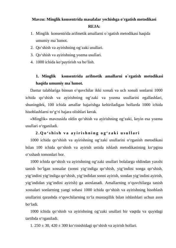 Minglik konsentrida masalalar yechishga o'rgatish metodikasi