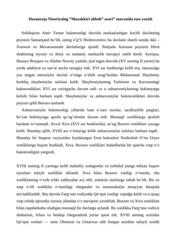 Hаsаnхоjа Nisоriyning “Muzаkkiri аhbоb” аsаri” mavzuida esse yozish