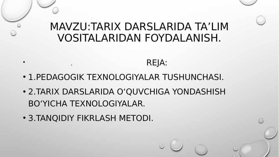 Tarix darslarida taʼlim Vositalaridan foydalanish