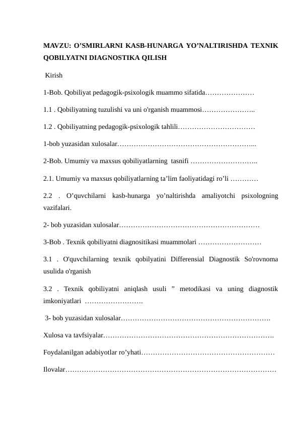O’SMIRLARNI KASB-HUNARGA YO’NALTIRISHDA TEXNIK QOBILYATNI DIAGNOSTIKA QILISH