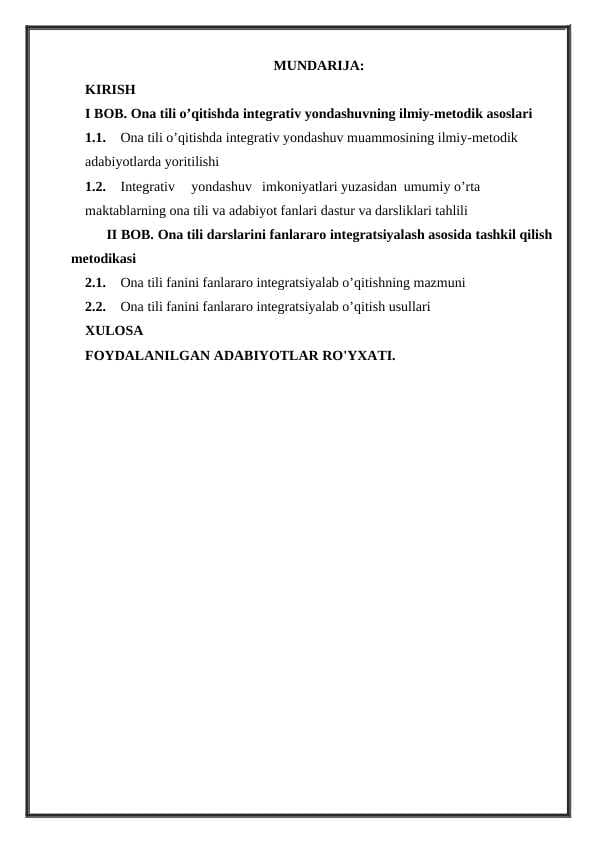 ONA TILINI O'QITISHDA INTEGRATIV YONDASHUV VA UNING MOHIYATI