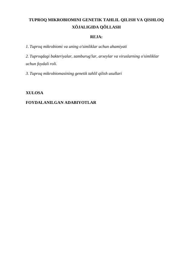 TUPROQ MIKROBIOMINI GENETIK TAHLIL QILISH VA QISHLOQ XÔJALIGIDA QÔLLASH