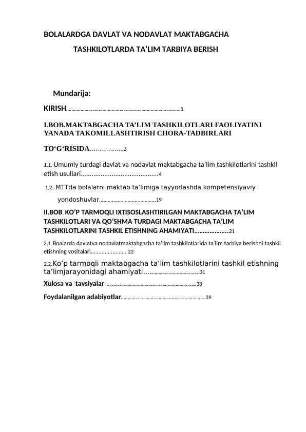 BOLALARDGA DAVLAT VA NODAVLAT MAKTABGACHA TA'LIMDA TA'LIM TARBIYA BERISH