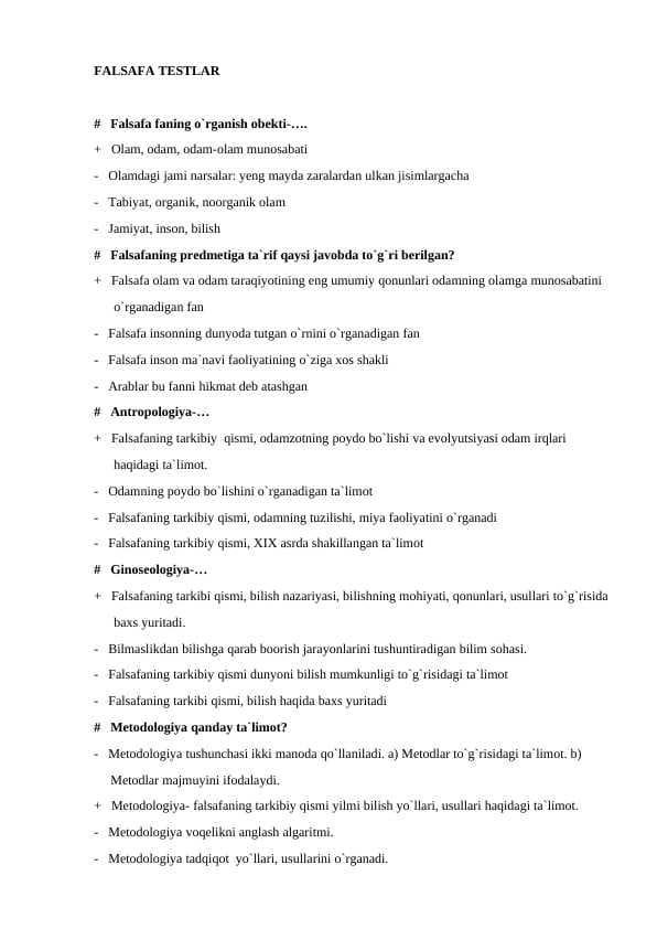 Falsafa + Dinshunoslik test javoblari bilan