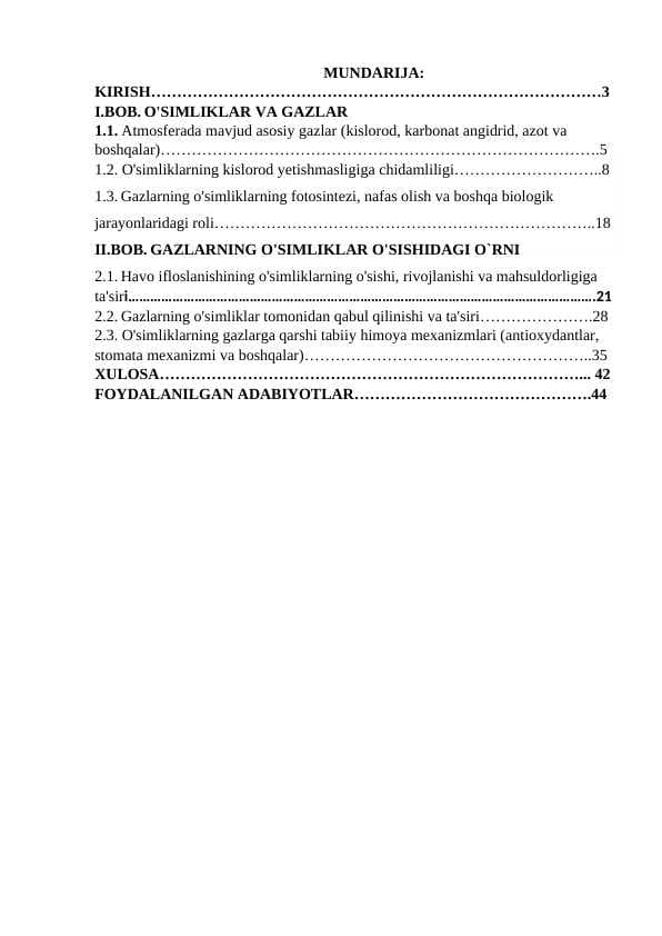 O`simliklarning gazlarga chidamliligi