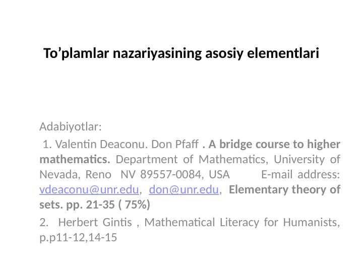 To’plamlar nazariyasining asosiy elementlari